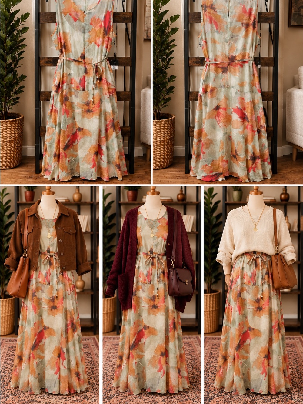 Brand New! Vera Wang Sage Green Maxi Dress with Coral & Peach Floral Print